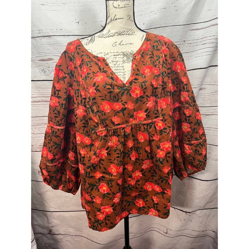Sonoma Goods For Life Women 3X Floral Corduroy Boho Balloon Sleeve Top Brown Red